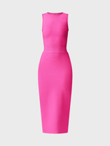 Elegant fuchsia Seraphina Midi Dress on a hanger, showcasing its stylish design and vibrant color.
