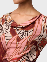 Serene gold detail enhances this cupro viscose stretch top, showcasing a beautiful cathedral botanic print design.