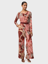 Fashionable top in cupro viscose stretch, adorned with a gold detail and a vibrant cathedral botanic print.