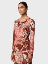 A stylish top featuring a serene gold detail with a cathedral botanic print in cupro viscose stretch fabric.