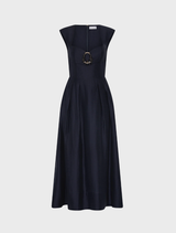 Navy Serenity Midi Dress featuring a fitted bodice and flowing skirt, perfect for elegant occasions.