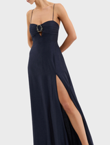 Stylish navy Serenity Maxi Dress with a relaxed fit and elegant draping, ideal for both day and evening wear.