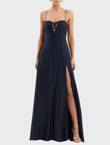 Elegant navy Serenity Maxi Dress with a long, flowing design, ideal for both casual and formal events.