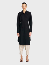Black shaped shirt dress with a tailored fit, featuring a button-down front and short sleeves.