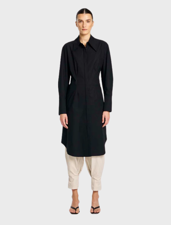 Black shaped shirt dress with a tailored fit, featuring a button-down front and short sleeves.