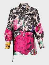 Vintage floral Sheer As Day shirt with delicate ties, button placket, and satin finish, offering an elegant, romantic style.