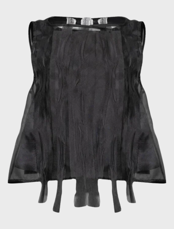 Black sheer silk top with a lightweight, flowing design, perfect for layering or dressing up any outfit.