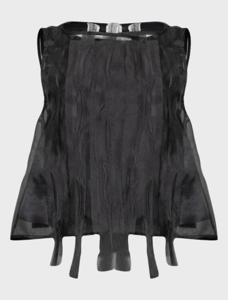 Black sheer silk top with a lightweight, flowing design, perfect for layering or dressing up any outfit.