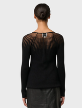 Elegant black sheer knit top crafted from viscose and nylon, ideal for a chic layered look in various outfits.