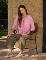 Soft cotton-cashmere cardigan in sandalwood, adorned with lurex tipping for a touch of metallic elegance and shimmer.