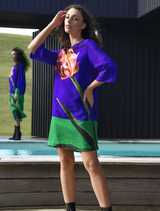 Blue and tulip-patterned Shift Code dress, featuring a modern design suitable for casual or semi-formal occasions.