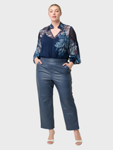 Elegant Colette blouse in viscose chiffon, featuring a shirred collar and a unique Moonlit Batik print.