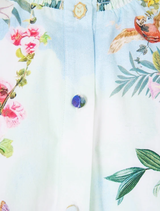 Flattering fit and flare short dress with shirred waist, elbow sleeves, and a floral print inspired by Vienna's Bergl Rooms.
