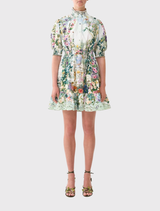 Short dress with shirred waist, flaring mini skirt, and elbow-length sleeves, featuring floral print inspired by Schonbrunn Palace.