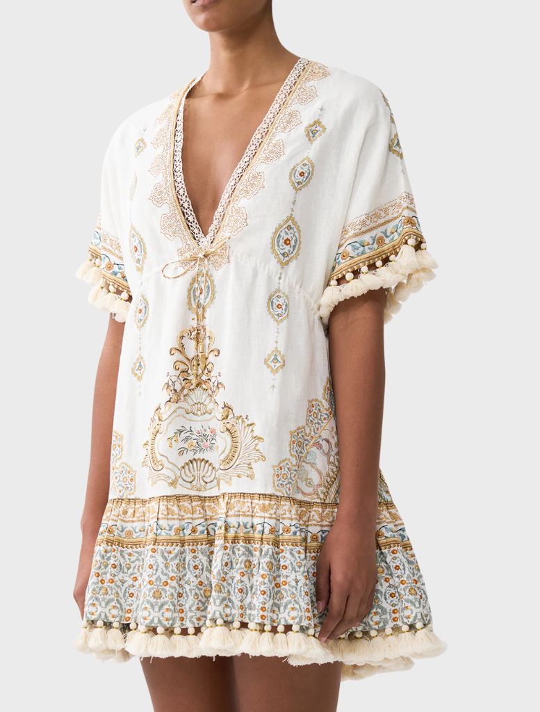 Stylish short v-neck dress featuring ornate embroidery, inspired by the rich aesthetics of the Ottoman Dynasty.