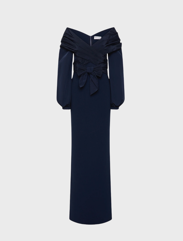 Navy Sibylla gown featuring a stylish bow detail on the shoulder.
