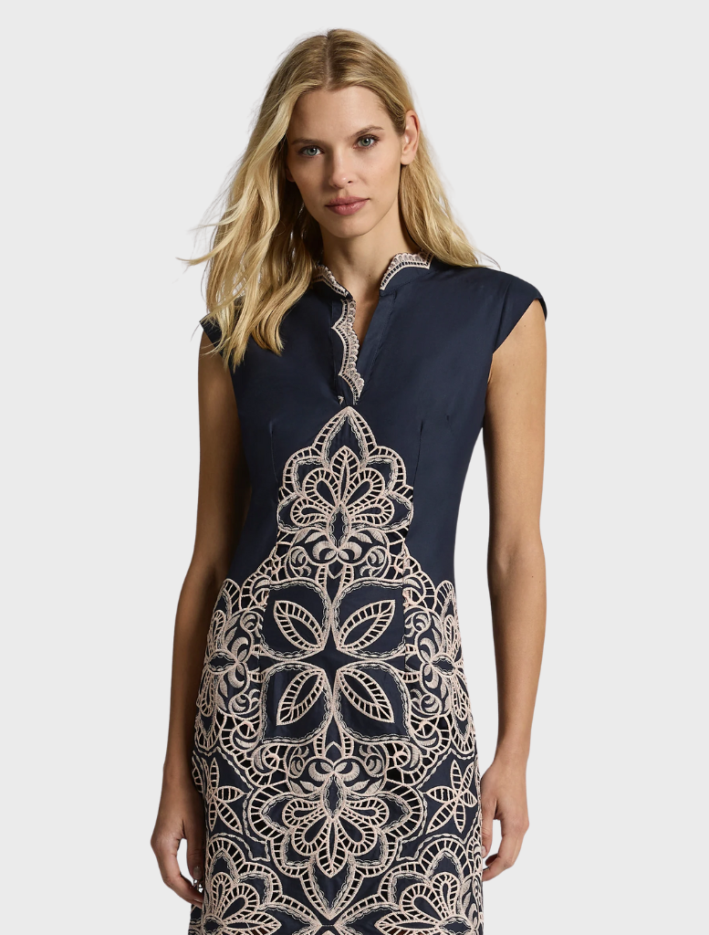 Elegant Sierra Midi dress in navy and blush, designed with a flattering silhouette for versatile wear at any occasion.