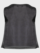 Black sheer silk top showcasing a delicate, flowing design, suitable for both casual and formal occasions.