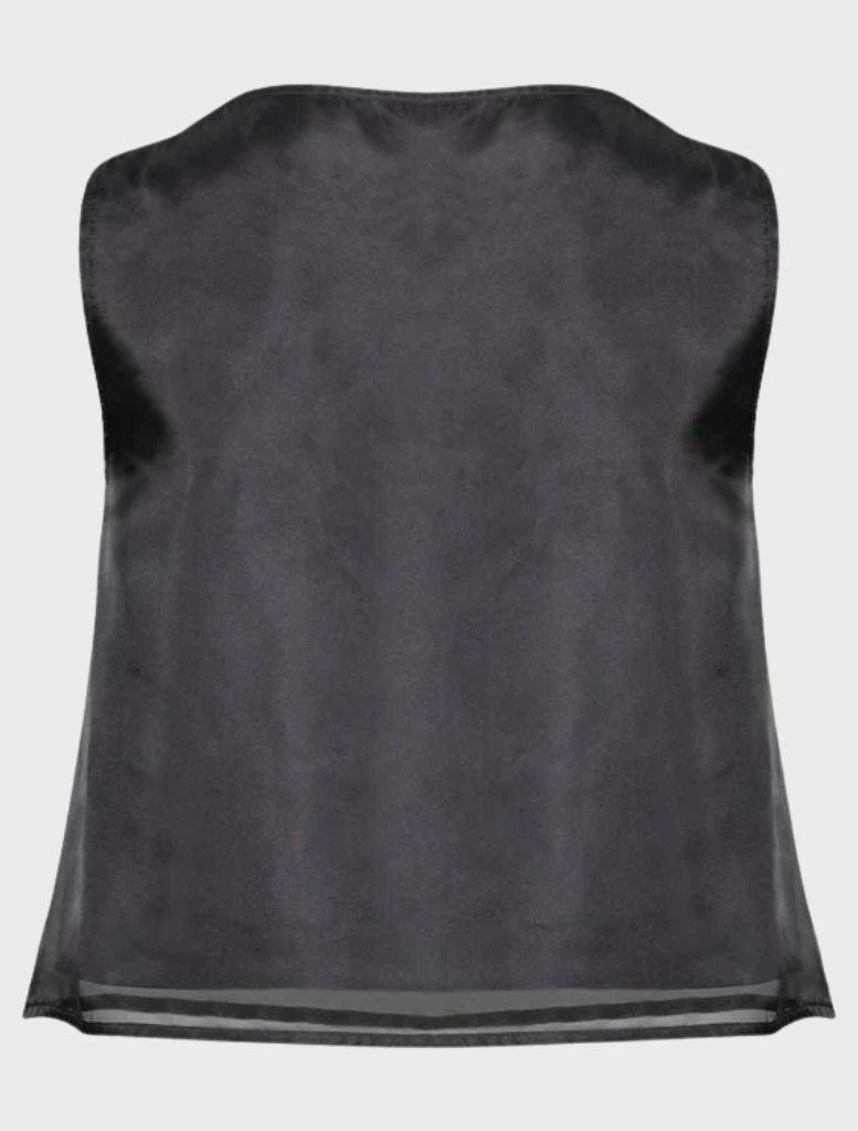 Black sheer silk top showcasing a delicate, flowing design, suitable for both casual and formal occasions.