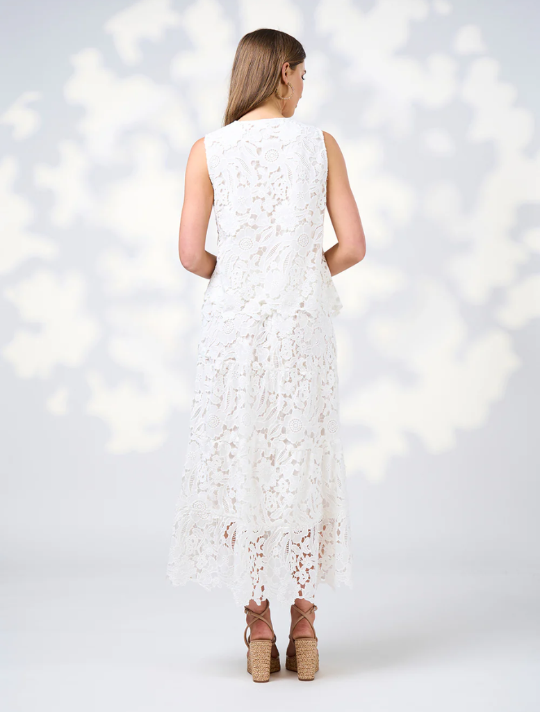  Keira Top in silk white, featuring a soft, lightweight lace fabric for a delicate and airy look.