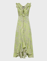 A silver-lime Lolita maxi dress draped elegantly, showcasing its long, flowing fabric and stylish design.