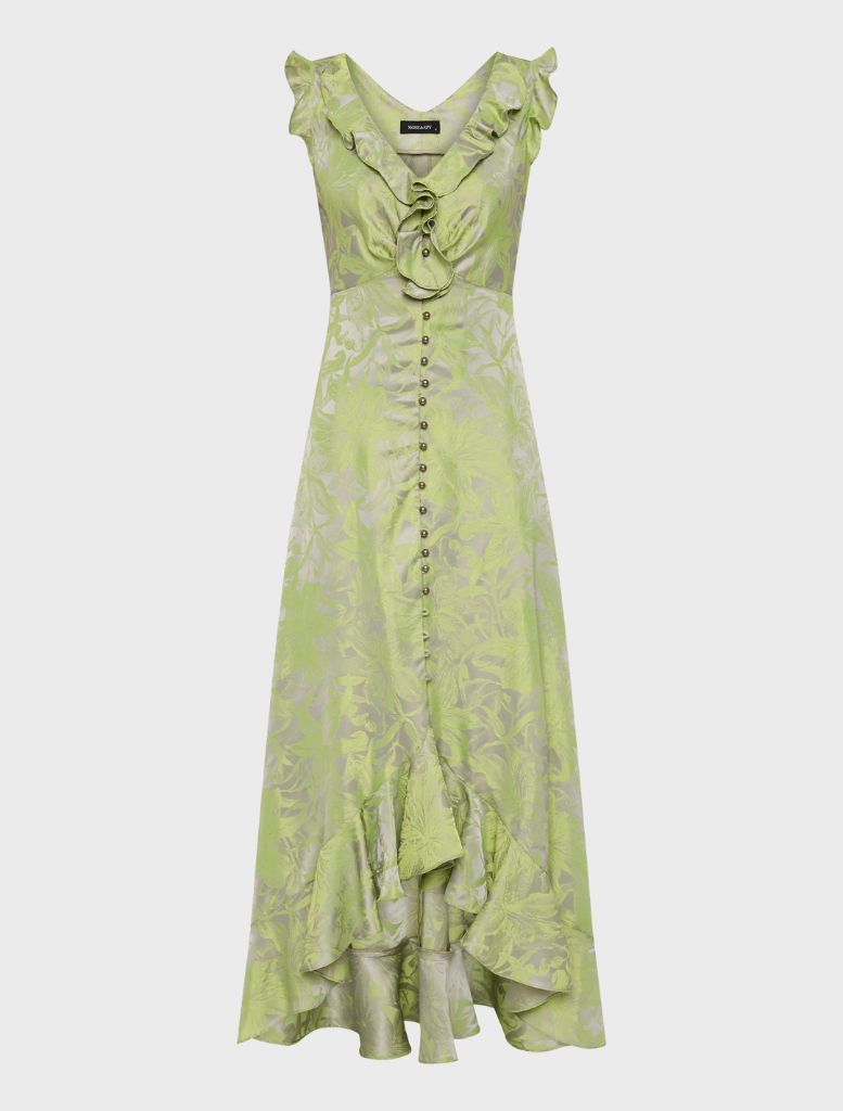 A silver-lime Lolita maxi dress draped elegantly, showcasing its long, flowing fabric and stylish design.