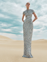 A shimmering silver gown by Zayn, showcasing intricate details and a sophisticated silhouette on a hanger.