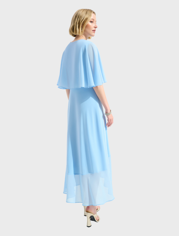 Elegant sky blue midi dress featuring a V-neck and wrap design, ideal for summer events or stylish outings.