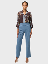Chic sky faux suede pants with a wave-shaped waistband, designed for comfort and a flattering silhouette for any event.