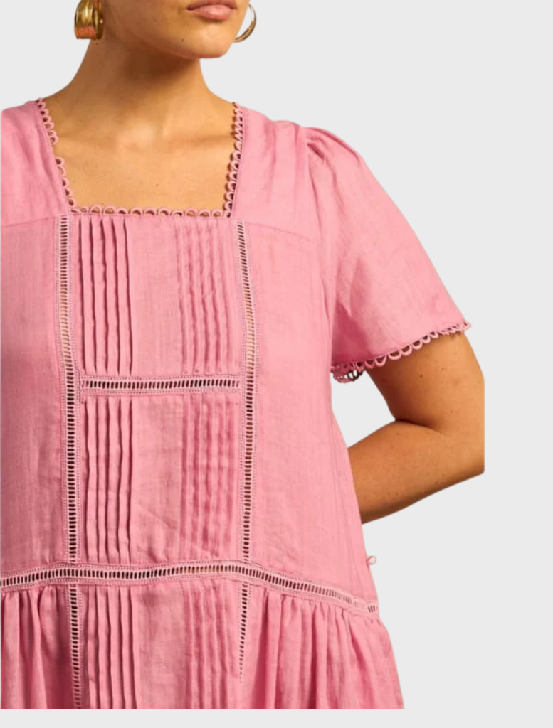 A stylish dress showcasing a bright skyscape print, combining soft blues and pinks for a cheerful summer vibe.