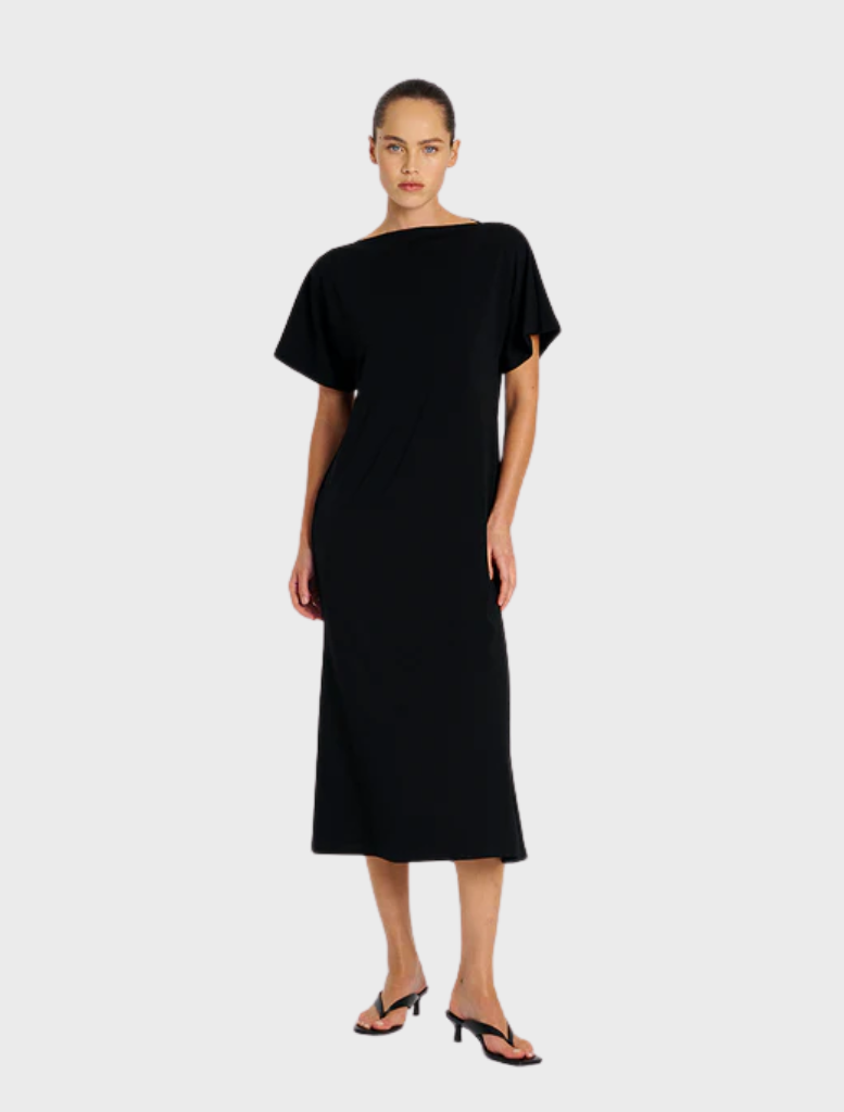 Black slash neck dress with a fitted silhouette, featuring short sleeves and a stylish, modern design.