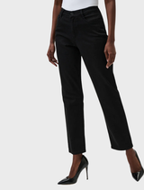 Slim fit black stretch jeans displayed on a white background, showcasing their sleek design and modern style.