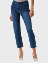 Slim fit stretch jeans in medium blue denim, designed for comfort and a modern silhouette.