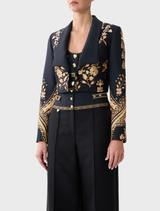 Taurus Rising jacket in silk-wool, offering a tailored slim fit and dramatic texture, inspired by Valencia's matador costume embroidery.