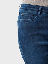 Slim fit stretch jeans in a medium blue shade, perfect for a casual yet fashionable look.