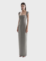 Malia gown in a soft smoke hue, designed with a flattering fit and elegant draping for a timeless appearance.