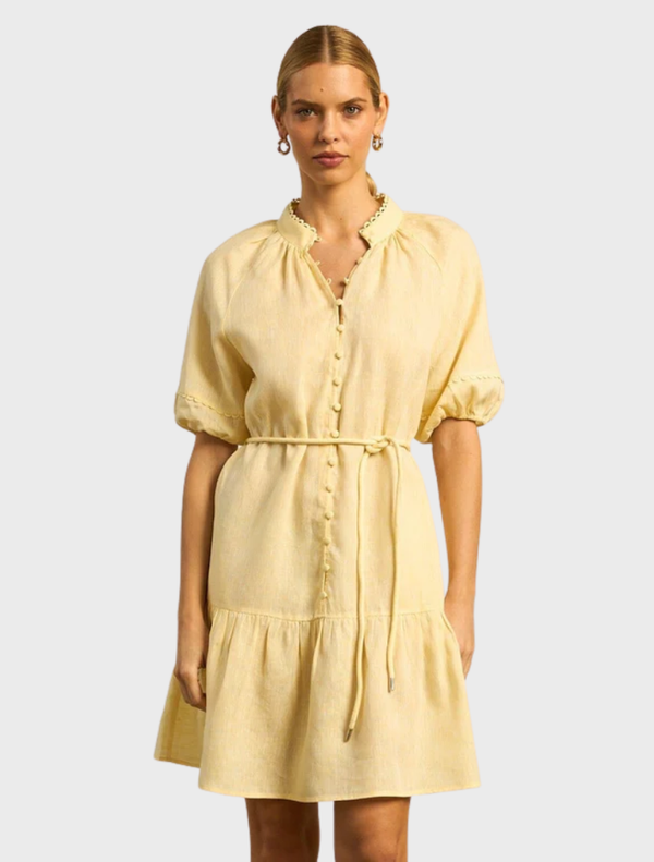 A bright yellow solar dress with a lemonade theme, featuring a playful design and lightweight fabric for sunny days.
