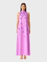 Elegant purple halter maxi gown with floral detailing, keyhole back, and relaxed fit, perfect for formal events and weddings.