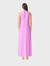 Stylish purple halter maxi gown with floral texture, relaxed silhouette, and keyhole back, perfect for weddings and formal occasions.