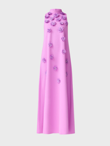 Modern purple halter gown with three-dimensional floral details, relaxed fit, and keyhole back, designed for elegant events.