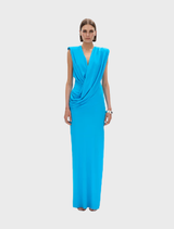 Aquamarine Solstice Gown featuring a flowing silhouette and elegant design, perfect for formal occasions.