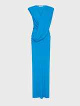 Beautiful aquamarine Solstice Gown showcasing a refined design and soft draping, suitable for elegant gatherings.