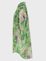 Green shirt adorned with pink and green floral patterns, labeled as Something Borrowed Shirt - Green Floral.