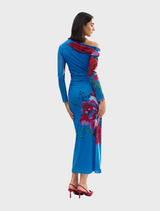 Long-sleeve dress crafted from mesh in a bright luminous papaya hue, designed for a fashionable and elegant appearance.