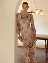 Elegant Paloma Midi dress in sorbet-nude, showcasing a flattering fit and gentle draping for a sophisticated look.
