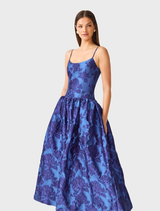 Cobalt blue A-line maxi gown with a scooped neckline, fitted bodice, and gathered full skirt, ideal for formal events.
