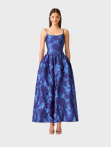 Cobalt blue A-line maxi gown with a scooped neckline, fitted bodice, and gathered full skirt, ideal for formal events.