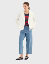 White Soundtrack Jacket featuring a wide lapel, four-button front, and adjustable sleeve tabs for a tailored yet comfortable fit.