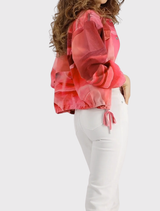 Women's all-over flower print jacket made of firm cotton, with a stand-up collar, long sleeves, and elastic cuffs.