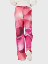 Floral gradient print wide-leg trousers, offering a comfortable fit with a stretchy waistband for stylish spring wear.